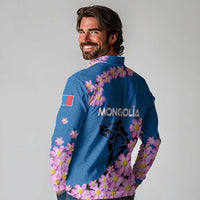 Mongolia Long Sleeve Polo Shirt with Floral Wolf Pink Blossom Blue Sky Spirit
