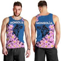 Mongolia Men Tank Top with Floral Wolf Pink Blossom Blue Sky Spirit