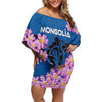 Mongolia Off Shoulder Short Dress with Floral Wolf Pink Blossom Blue Sky Spirit