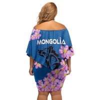 Mongolia Off Shoulder Short Dress with Floral Wolf Pink Blossom Blue Sky Spirit