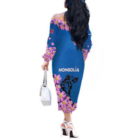 Mongolia Off The Shoulder Long Sleeve Dress with Floral Wolf Pink Blossom Blue Sky Spirit