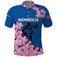 Mongolia Polo Shirt with Floral Wolf Pink Blossom Blue Sky Spirit