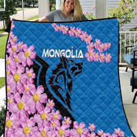 Mongolia Quilt with Floral Wolf Pink Blossom Blue Sky Spirit