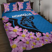 Mongolia Quilt Bed Set with Floral Wolf Pink Blossom Blue Sky Spirit