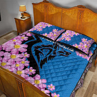 Mongolia Quilt Bed Set with Floral Wolf Pink Blossom Blue Sky Spirit