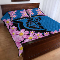Mongolia Quilt Bed Set with Floral Wolf Pink Blossom Blue Sky Spirit