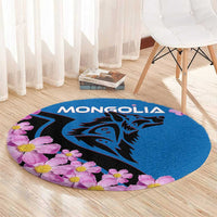 Mongolia Round Carpet with Floral Wolf Pink Blossom Blue Sky Spirit