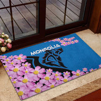 Mongolia Rubber Doormat with Floral Wolf Pink Blossom Blue Sky Spirit