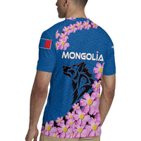 Mongolia Rugby Jersey with Floral Wolf Pink Blossom Blue Sky Spirit