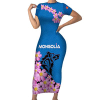 Mongolia Short Sleeve Bodycon Dress with Floral Wolf Pink Blossom Blue Sky Spirit