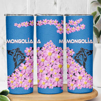 Mongolia Skinny Tumbler with Floral Wolf Pink Blossom Blue Sky Spirit
