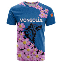 Mongolia T Shirt with Floral Wolf Pink Blossom Blue Sky Spirit