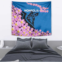 Mongolia Tapestry with Floral Wolf Pink Blossom Blue Sky Spirit