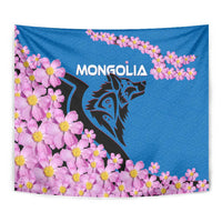 Mongolia Tapestry with Floral Wolf Pink Blossom Blue Sky Spirit
