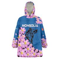 Mongolia Wearable Blanket Hoodie with Floral Wolf Pink Blossom Blue Sky Spirit