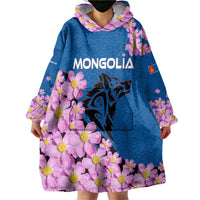 Mongolia Wearable Blanket Hoodie with Floral Wolf Pink Blossom Blue Sky Spirit