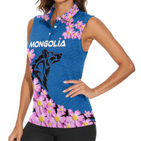 Mongolia Women Sleeveless Polo Shirt with Floral Wolf Pink Blossom Blue Sky Spirit
