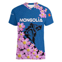 Mongolia Women V-Neck T-Shirt with Floral Wolf Pink Blossom Blue Sky Spirit