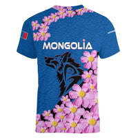 Mongolia Women V-Neck T-Shirt with Floral Wolf Pink Blossom Blue Sky Spirit