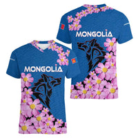 Mongolia Women V-Neck T-Shirt with Floral Wolf Pink Blossom Blue Sky Spirit