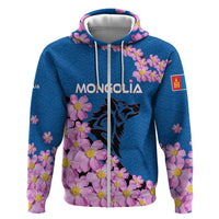Mongolia Zip Hoodie with Floral Wolf Pink Blossom Blue Sky Spirit