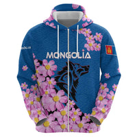 Mongolia Zip Hoodie with Floral Wolf Pink Blossom Blue Sky Spirit