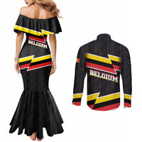 Belgium Couples Matching Mermaid Dress and Long Sleeve Button Shirt with Black Red Yellow Lightning Flag Stripe Spirit