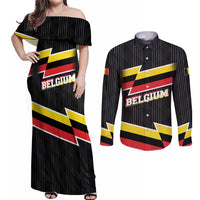 Belgium Couples Matching Off Shoulder Maxi Dress and Long Sleeve Button Shirt with Black Red Yellow Lightning Flag Stripe Spirit