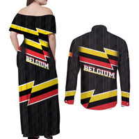 Belgium Couples Matching Off Shoulder Maxi Dress and Long Sleeve Button Shirt with Black Red Yellow Lightning Flag Stripe Spirit