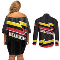 Belgium Couples Matching Off Shoulder Short Dress and Long Sleeve Button Shirt with Black Red Yellow Lightning Flag Stripe Spirit