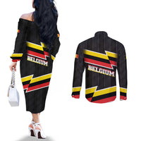 Belgium Couples Matching Off The Shoulder Long Sleeve Dress and Long Sleeve Button Shirt with Black Red Yellow Lightning Flag Stripe Spirit