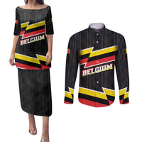 Belgium Couples Matching Puletasi and Long Sleeve Button Shirt with Black Red Yellow Lightning Flag Stripe Spirit