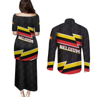 Belgium Couples Matching Puletasi and Long Sleeve Button Shirt with Black Red Yellow Lightning Flag Stripe Spirit