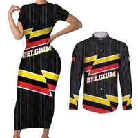 Belgium Couples Matching Short Sleeve Bodycon Dress and Long Sleeve Button Shirt with Black Red Yellow Lightning Flag Stripe Spirit