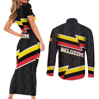 Belgium Couples Matching Short Sleeve Bodycon Dress and Long Sleeve Button Shirt with Black Red Yellow Lightning Flag Stripe Spirit