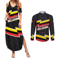 Belgium Couples Matching Summer Maxi Dress and Long Sleeve Button Shirt with Black Red Yellow Lightning Flag Stripe Spirit