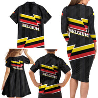 Belgium Family Matching Long Sleeve Bodycon Dress and Hawaiian Shirt with Black Red Yellow Lightning Flag Stripe Spirit