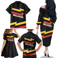 Belgium Family Matching Off The Shoulder Long Sleeve Dress and Hawaiian Shirt with Black Red Yellow Lightning Flag Stripe Spirit