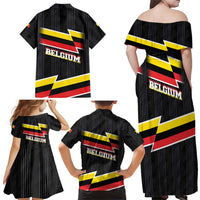Belgium Family Matching Off Shoulder Maxi Dress and Hawaiian Shirt with Black Red Yellow Lightning Flag Stripe Spirit