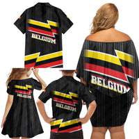 Belgium Family Matching Off Shoulder Short Dress and Hawaiian Shirt with Black Red Yellow Lightning Flag Stripe Spirit