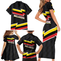 Belgium Family Matching Short Sleeve Bodycon Dress and Hawaiian Shirt with Black Red Yellow Lightning Flag Stripe Spirit