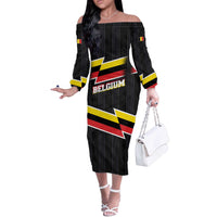 Belgium Off The Shoulder Long Sleeve Dress with Black Red Yellow Lightning Flag Stripe Spirit