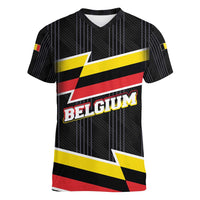 Belgium Women V-Neck T-Shirt with Black Red Yellow Lightning Flag Stripe Spirit
