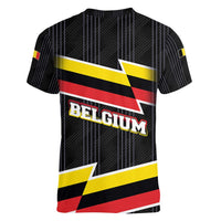 Belgium Women V-Neck T-Shirt with Black Red Yellow Lightning Flag Stripe Spirit