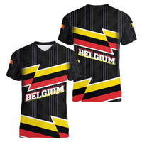 Belgium Women V-Neck T-Shirt with Black Red Yellow Lightning Flag Stripe Spirit