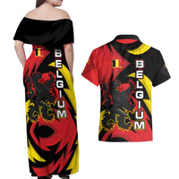 Belgium Couples Matching Off Shoulder Maxi Dress and Hawaiian Shirt with Black Red Lion Crest Flag Flame Spirit
