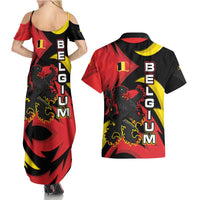 Belgium Couples Matching Summer Maxi Dress and Hawaiian Shirt with Black Red Lion Crest Flag Flame Spirit