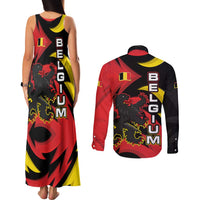 Belgium Couples Matching Tank Maxi Dress and Long Sleeve Button Shirt with Black Red Lion Crest Flag Flame Spirit