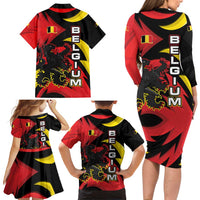 Belgium Family Matching Long Sleeve Bodycon Dress and Hawaiian Shirt with Black Red Lion Crest Flag Flame Spirit