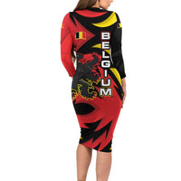 Belgium Family Matching Long Sleeve Bodycon Dress and Hawaiian Shirt with Black Red Lion Crest Flag Flame Spirit